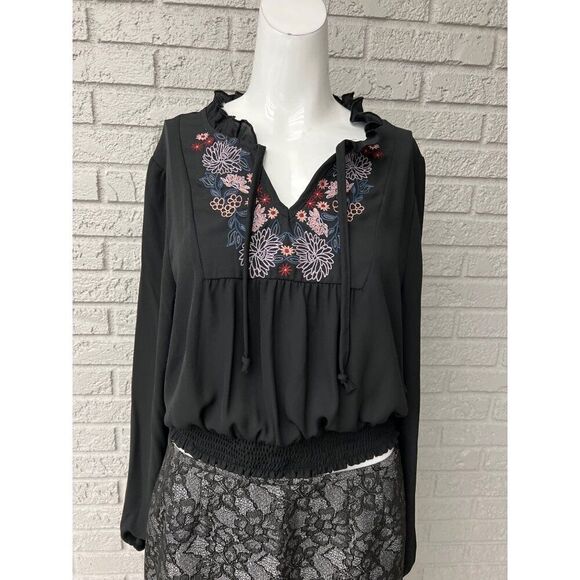 Blue Rain Women Black Floral Embroidered Long Sleeve Chiffon Blouse Size L - Picture 1 of 7
